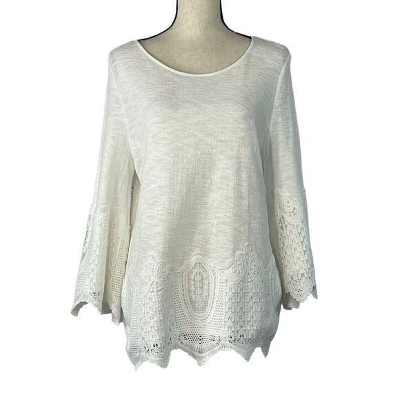 Adrianna Papell Medium Top Flared Sleeves Crochet Scoop Neck Semi-Sheer Stretch - Picture 1 of 9